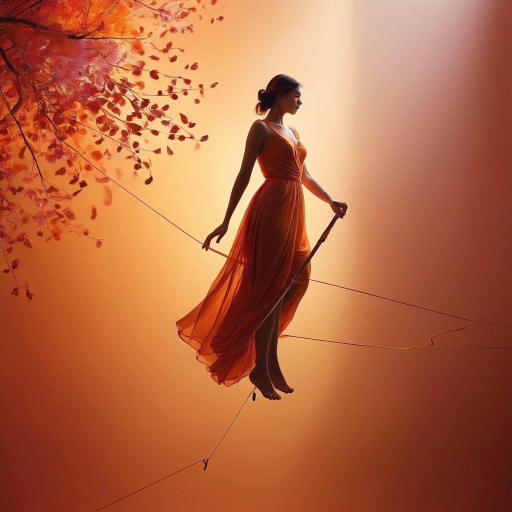 A soft-lit, abstract representation of a delicate balance, showcasing a figure walking on a tightrope between two vibrant shadows: one representing sensuality with warm hues and flowing curves, and the other representing sexuality in bold, intense colors and sharp angles. Subtle elements like feathers and petals flutter around, illustrating the nuance of both realms. The background should have a dreamy, ethereal quality, enhancing the surreal feeling of navigating boundaries. super-realistic. vibrant colors. ethereal background.